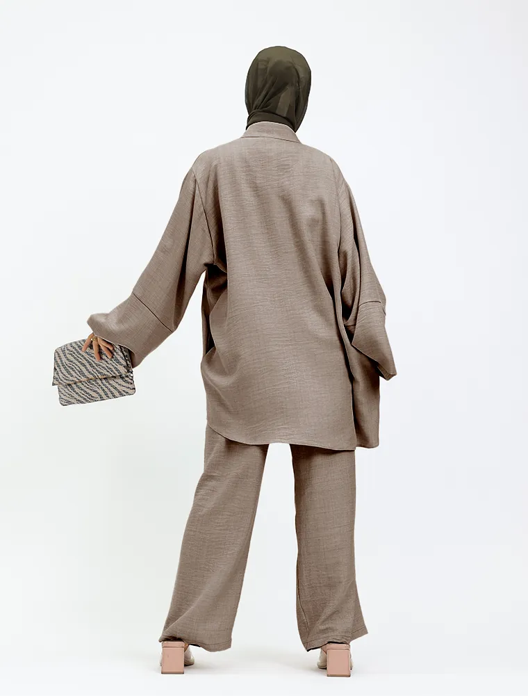 Mocha Linen Feel Button Detail Co Ord Set